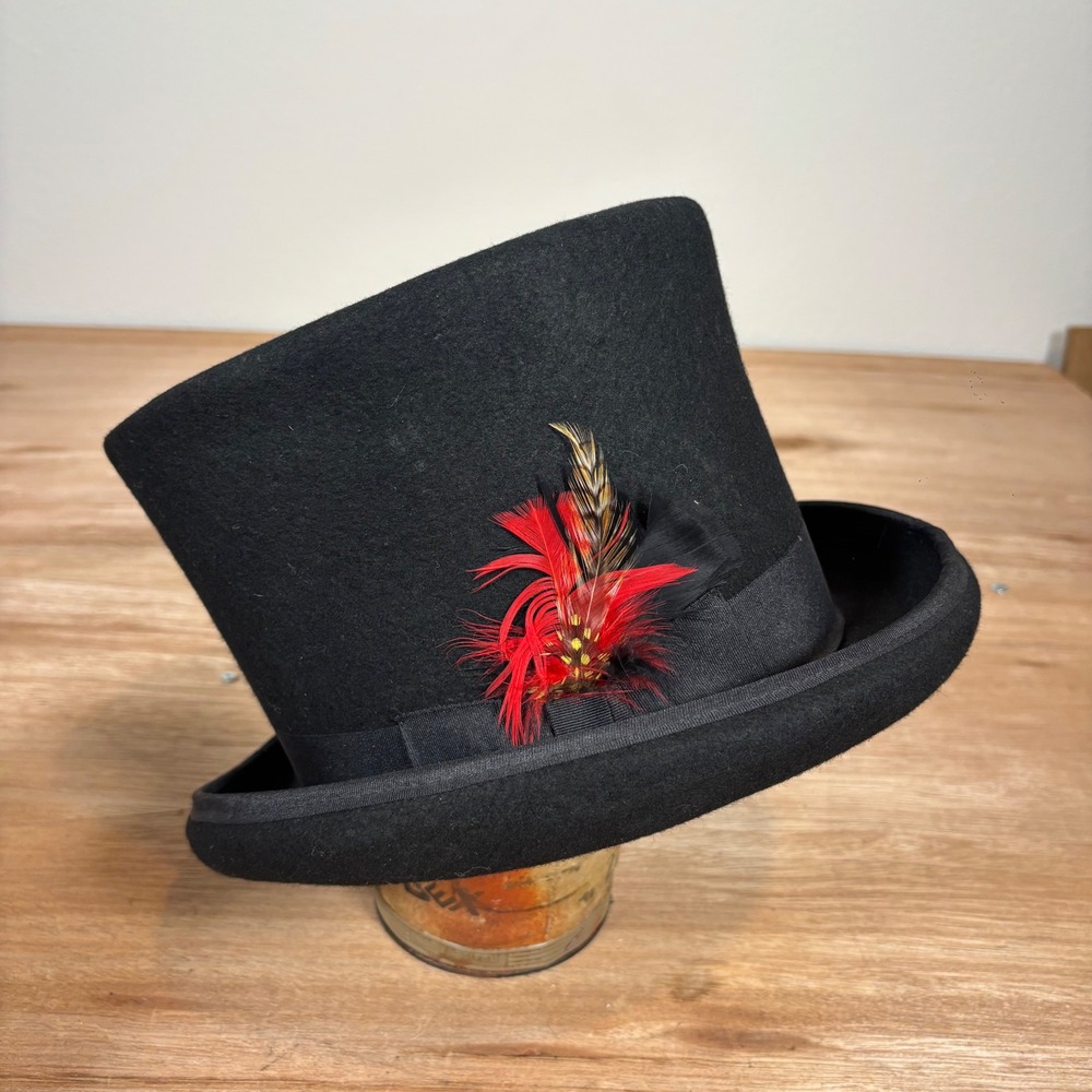 J Hats Black 100% Wool Top Hat with Feather Accent Size 62cm Formal Steampunk